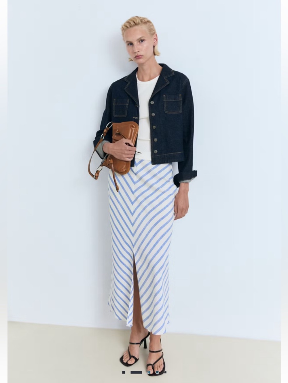 NWT MANGO Blue and White Striped Linen Maxi Skirt with Center Slit. Size 8.